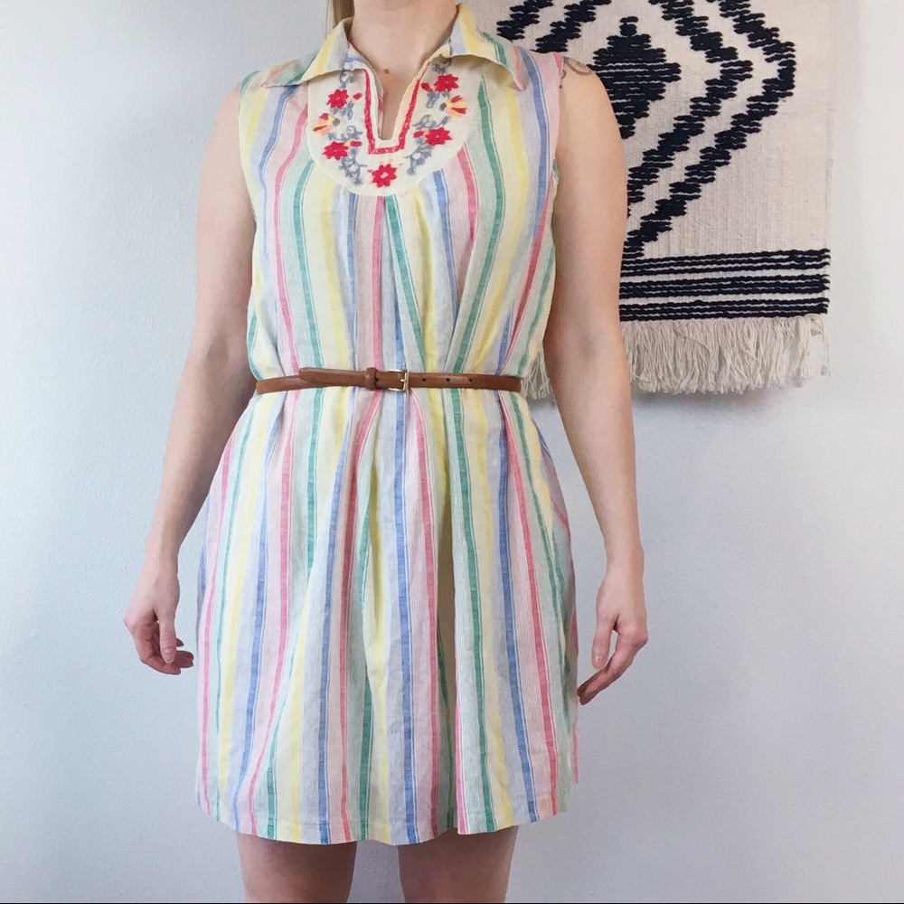 Vintage Swim Cover Up Dress Stripe Embroidered